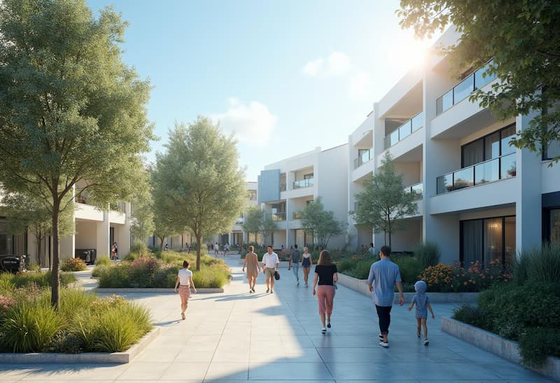Urbanización sostenible en proyectos de cooperativas de viviendas Personas paseando por una urbanización moderna y sostenible con zonas verdes y edificios luminosos